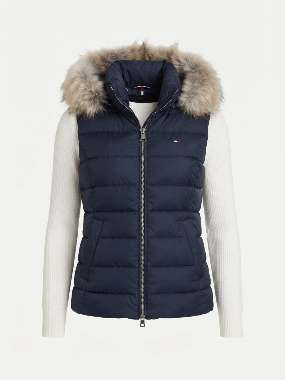Tommy Hilfiger Navy Quilted Puffer Vest with Faux-Fur Trim Hood
